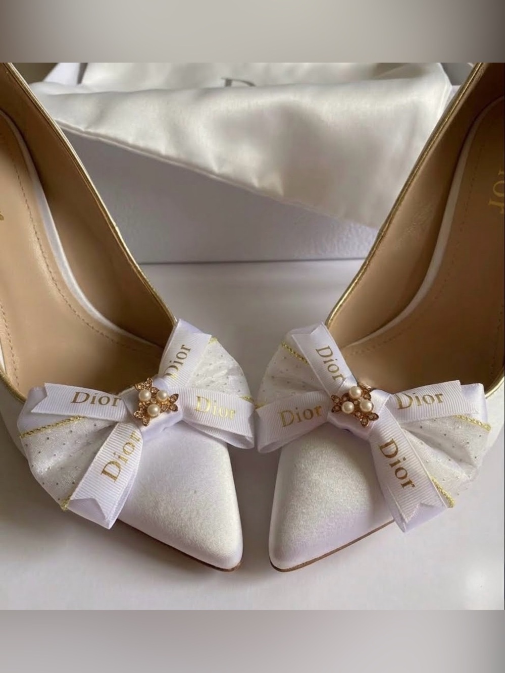 Dior White and Gold Handmade Shoe Clips with Pearl Centers